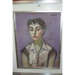 Peter Collins, oil on board - half-length portrait of a lady, signed, 50cm x 37cm, framed,