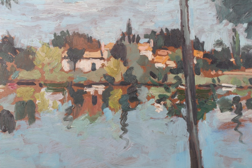 Peter Collins, oil on board - riverbank with boats, 62cm x 75cm, together with another river scene, - Image 7 of 8