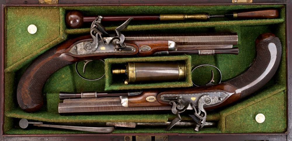 Fine pair George III flintlock Officers' pistols by Ezekiel Baker - gun maker to HRH The Prince