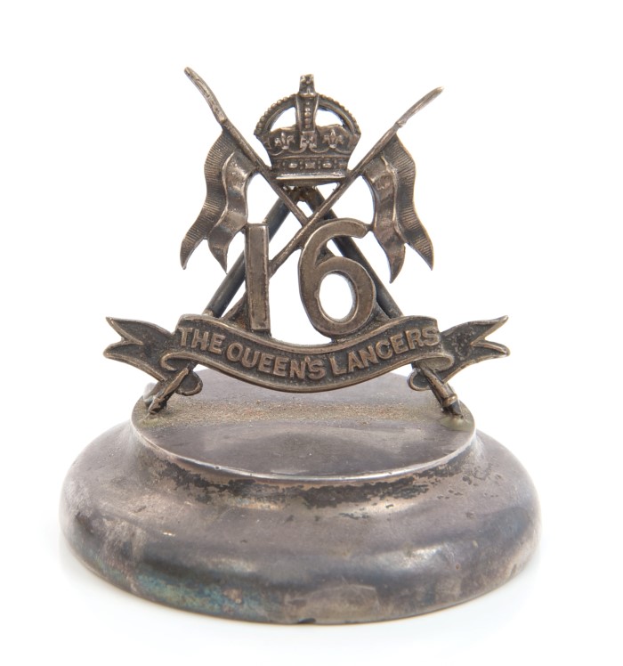 1920s sterling silver desk weight with Kings crowned 16th Queen's Lancers badge with crossed lances