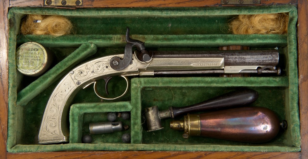 Rare 19th century Scottish German silver framed percussion pistol, circa 1830 - 1840,