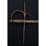 17th century Spanish rapier with copper ribbed grip, turned steel knuckle bow and long quillons,