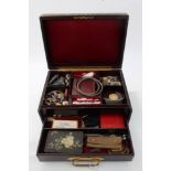 Victorian tooled leather jewellery box containing various vintage costume jewellery, badges,