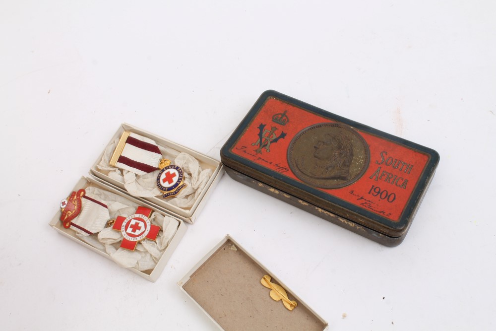 Boer War chocolate tin, together with four British Red Cross Society medals with boxes of issue, - Image 2 of 2