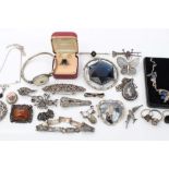 Group of silver and other costume jewellery - including paste set brooches,