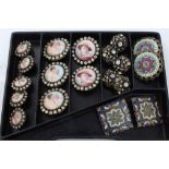 19th century papier mâché jewellery box containing a collection of buttons - including two pairs of