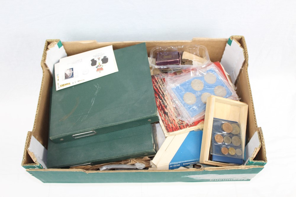 Box containing selection of world, FDCs and envelopes, coins World selection including crowns,