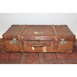 Vintage luggage - tan leather suitcase, with inner tray, lined through - reinforced corners,