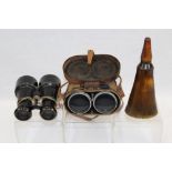19th century horn powder flask, pair military binoculars - 'HMS Conway, Easter Term 1920',