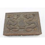 Unusual early 20th century Eastern carved hardwood box decorated with dragons and the regimental