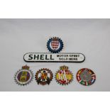 Five Continental enamel Car Club badges and Shell Motor Spiral cast alloy plate (6)