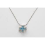 White gold (18ct) blue topaz and diamond set cross pendant with four princess cut topaz surrounded