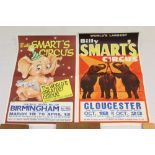 Vintage Billy Smart's Circus posters - Birmingham - depicting large Pink Elephant and Gloucester -
