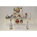 Nine Royal Crown Derby paperweights including Penguin, Owl,