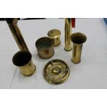 Collection of brass trench art vases and other items - including an ashtray, named - H.M.S.