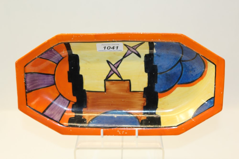 Clarice Cliff Bizarre range hand-painted sandwich tray, shape no.