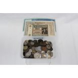 World - mixed coinage and banknotes - to include U.S.A. 1918 silver Half Dollar.