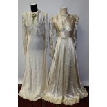 Two 1930s cream satin wedding dresses - one with Art Deco beaded bow design,