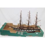 Wooden model of a three-masted sailing ship, with bone fittings,