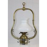 Victorian brass hanging oil lamp with shade