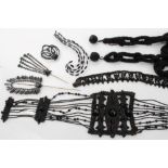 Collection of black glass French jet faceted dress and jewellery pieces and beads, hat pins,