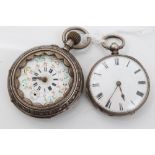 Silver cased fob watch and a white metal pocket watch with hand-painted enamel dial (2)