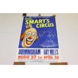 Vintage Billy Smart's Circus poster - Birmingham - depicting Clown's face,