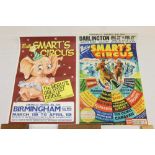 Vintage Billy Smart's Circus posters - Birmingham - depicting large Pink Elephant and Darlington -