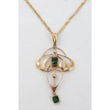 Edwardian Art Nouveau pendant with green paste stones on a gold 18ct chain