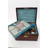 Regency rosewood sewing box, blue silk fitted interior with pin wheels, thimbles, table clamps,