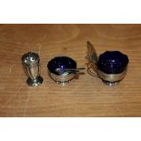 Silver three piece condiment set with blue glass liner (Birmingham 1926)