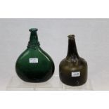 18th century green glass mallet-shape wine bottle, 23cm, plus one other green glass bottle / flask,