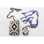 Art Deco blue and cream enamel pendant watch on silver and blue enamel necklace chain,