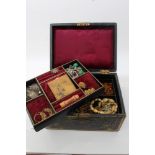 Victorian green leather jewellery box containing various bead necklaces, bangles,