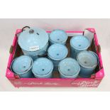 Large collection of pale-blue enamelled kitchen containers - all with separate covers and painted