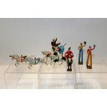 Britains lead Circus Series figures - Ringmaster, clown standing, clown on horseback,