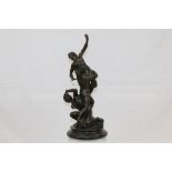 Contemporary bronze figure group on round marble base,