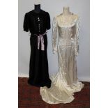 Late 1930s / early 1940s wedding dress with integral train in cream satin with shaped and gathered