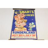 Vintage Billy Smart's Circus poster - Sunderland - depicting large Pink Elephant on Drum with Mouse