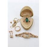 Gold (18ct) ring, gold (9ct) wristwatch on gold bracelet, yellow metal and malachite dress ring,