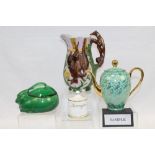 Victorian Majolica glazed pottery jug with greyhound handle, Victorian Majolica sardine dish,