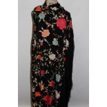 Chinese vintage black silk piano shawl, Canton embroidery in bright coloured silk thread,