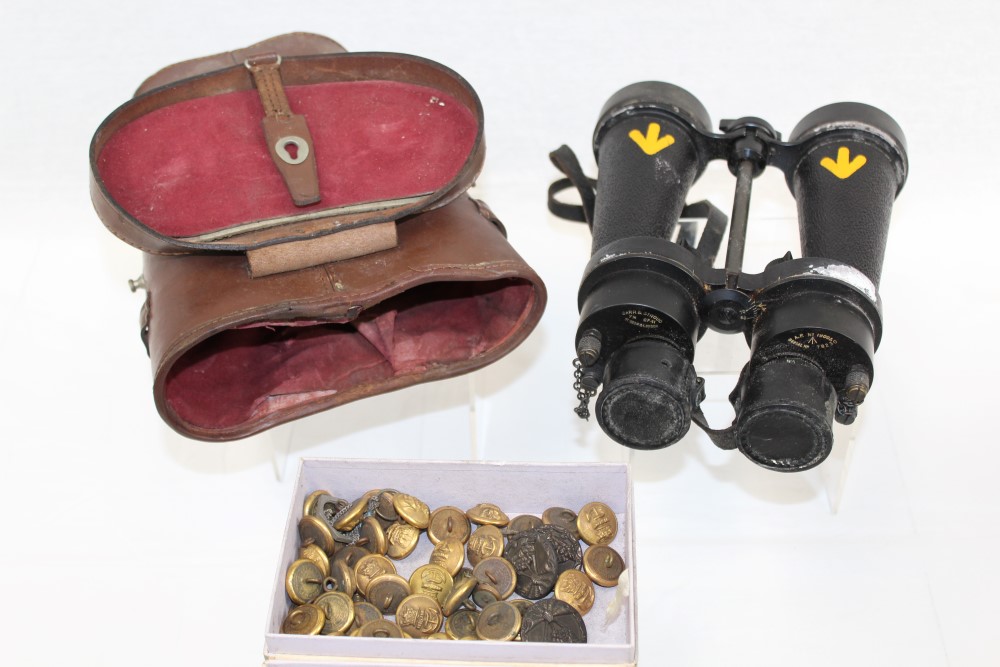 Pair military binoculars by Barr & Stroud, pair brass spurs,