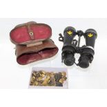 Pair military binoculars by Barr & Stroud, pair brass spurs,