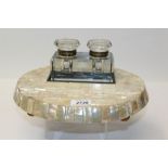 Victorian mother of pearl inkstand with two cut glass ink bottles