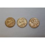 G.B. Victoria gold Sovereigns J.H. - 1892M (edge bruised), 1894 and 1898M.