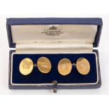 Pair gold (9ct) Naval cufflinks - each oval mounted with a Mural Crown joined by chains,