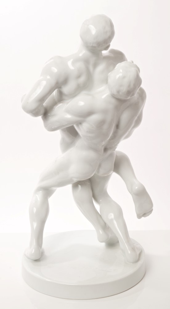 Good quality Herend blanc-de-chine porcelain figure group of muscular nude male wrestlers, - Image 2 of 4