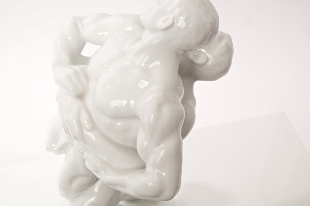 Good quality Herend blanc-de-chine porcelain figure group of muscular nude male wrestlers, - Image 3 of 4