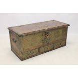 18th / 19th century teak and brass bound Zanzibar trunk of typical form,